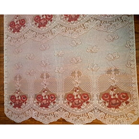 Pink Lace Curtain Panel Attached Valance Sheer Roses Art Deco Style 80x60 - Picture 4 of 6